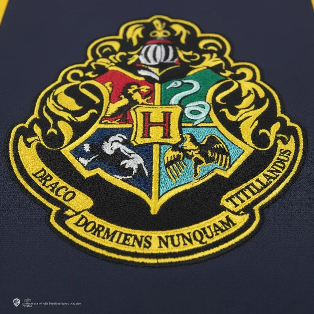 La bannière Poudlard Harry Potter 30x44cm en polyester bleu marine avec logo brodé, bordures jaunes, idéale pour déco murale ou anniversaire.