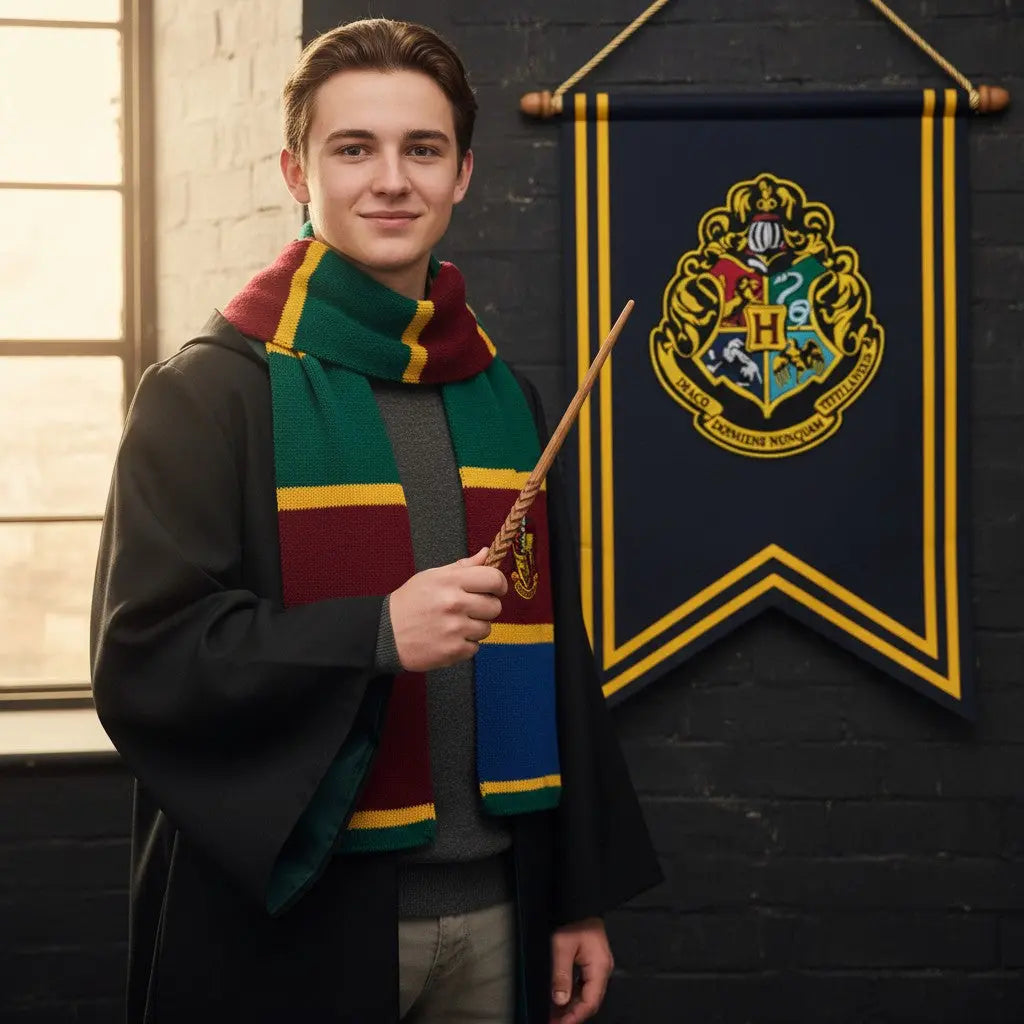 La bannière Poudlard Harry Potter 30x44cm en polyester bleu marine avec blason brodé et liserés jaunes, idéale pour décoration.