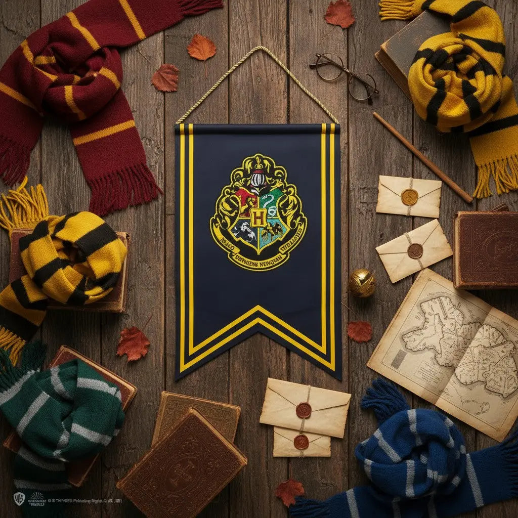 La bannière Poudlard Harry Potter 30x44cm en polyester bleu marine avec logo brodé, bordures jaunes, idéale pour décoration murale.