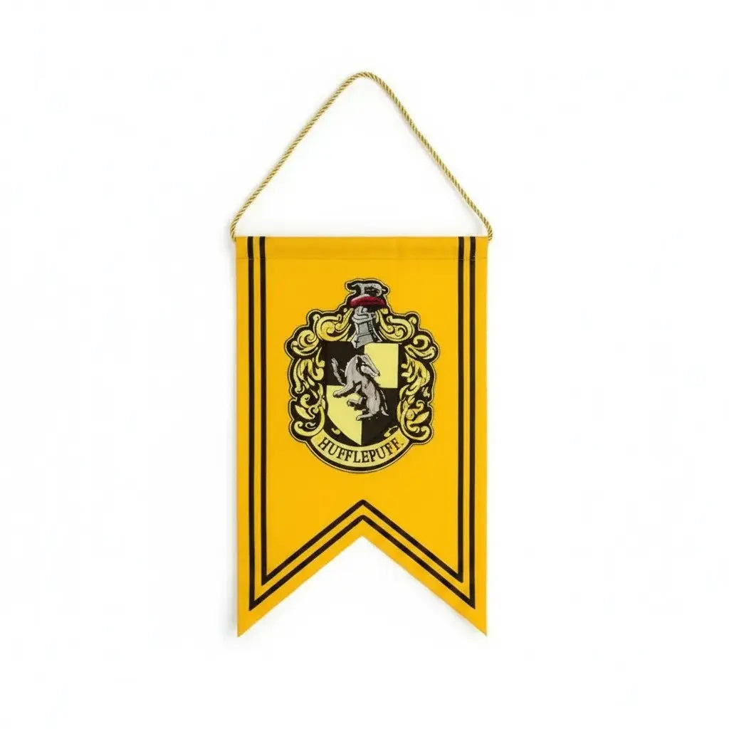 La bannière Poufsouffle Harry Potter jaune et noire en polyester 30x44cm avec logo brodé et cordon de suspension.