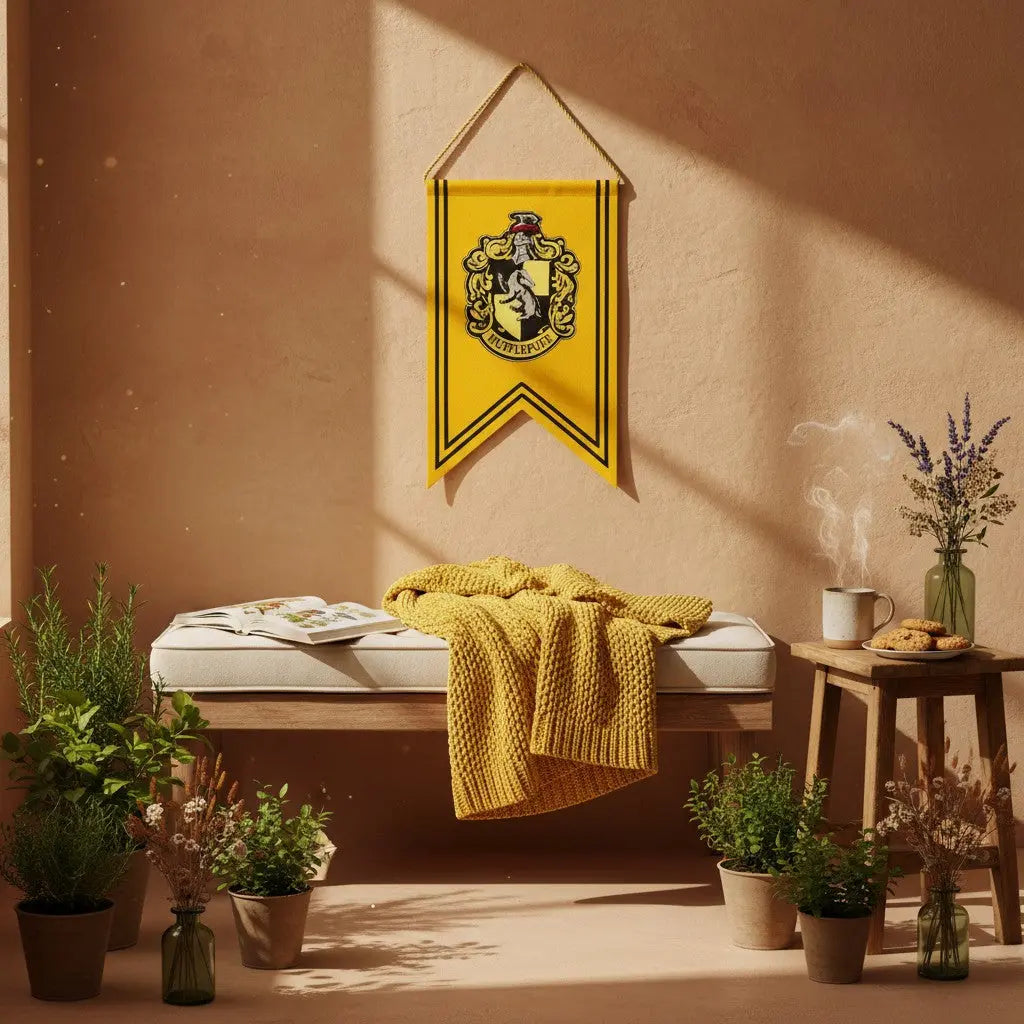 La boutique Aux 2 Balais Bannière Poufsouffle Harry Potter jaune et noire en polyester avec logo brodé 30 x 44 cm