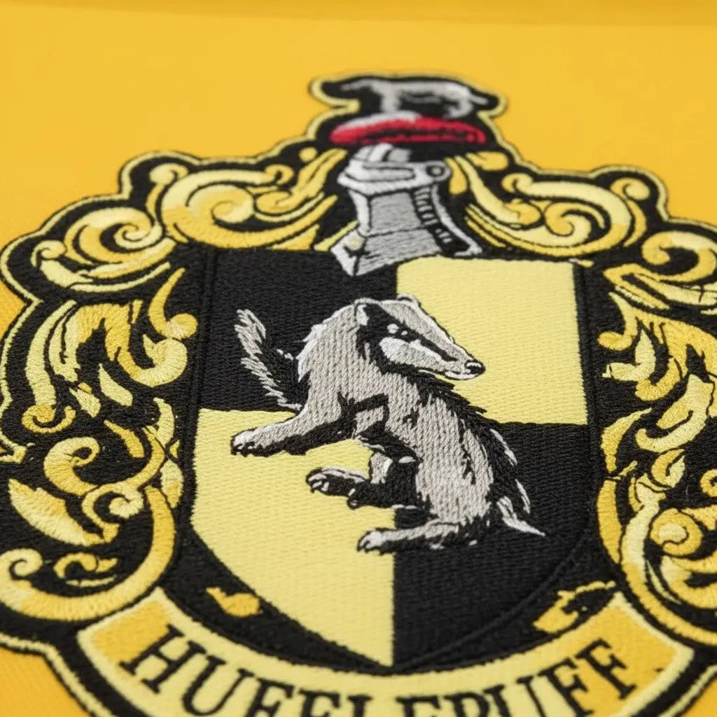 La boutique Aux 2 Balais Bannière Poufsouffle Harry Potter jaune et noir 30x44cm avec logo brodé.
