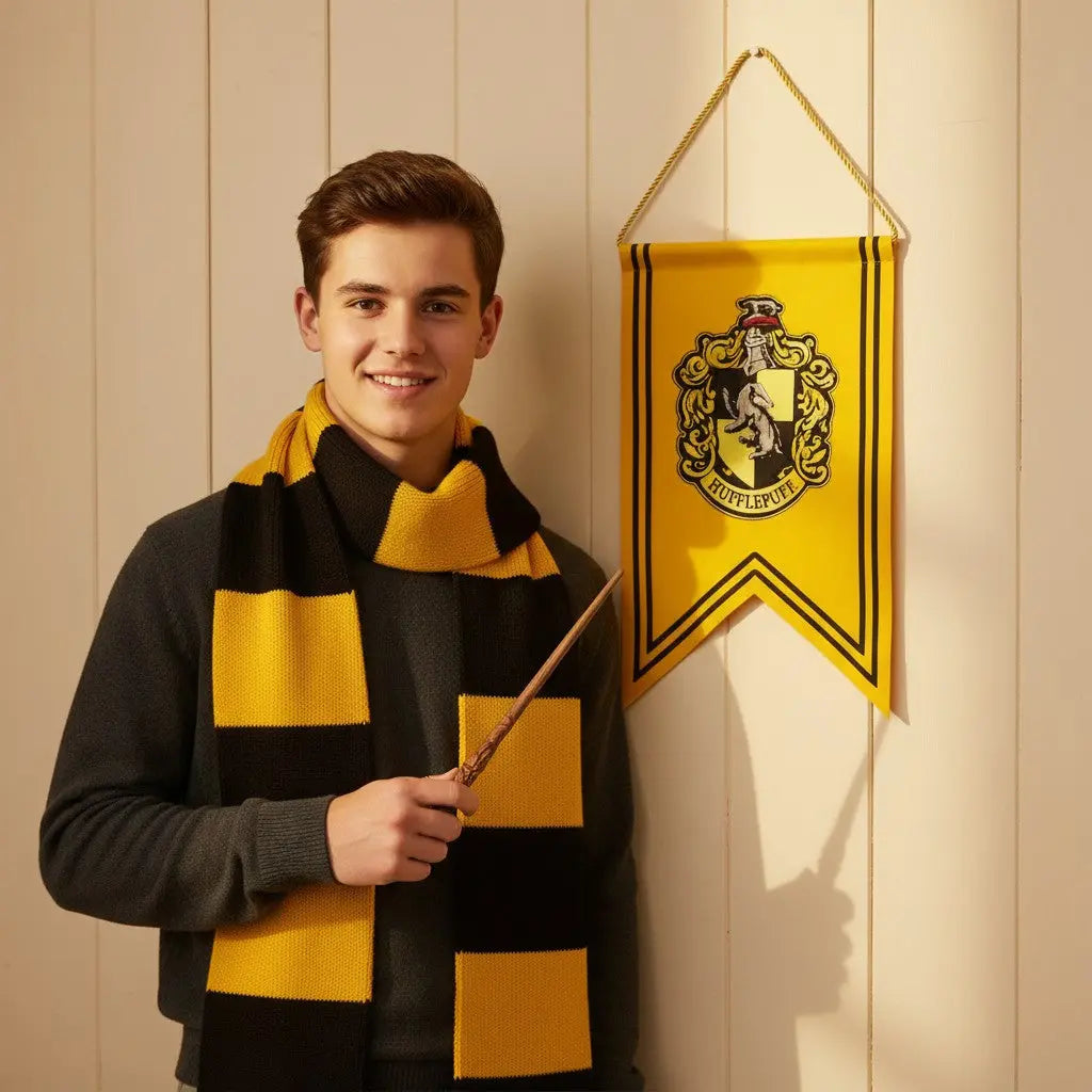La boutique Aux 2 Balais Bannière Poufsouffle Harry Potter jaune et noire, logo brodé 30x44cm, 100% polyester.
