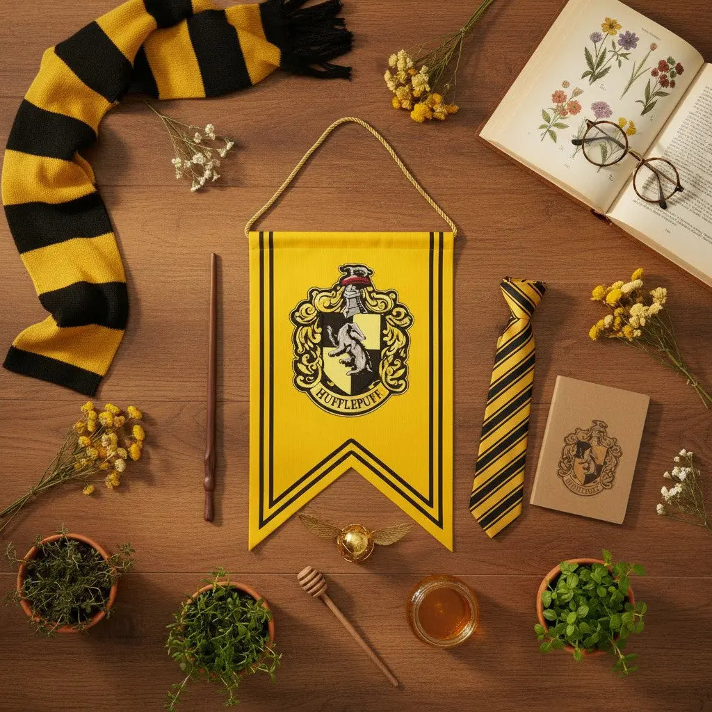 La boutique Aux 2 Balais Bannière Poufsouffle Harry Potter jaune et noire, 30x44 cm, logo brodé, 100% polyester.