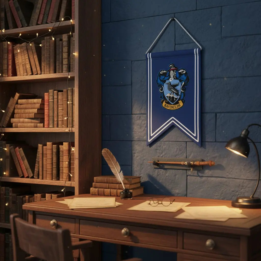 La boutique Aux 2 Balais Bannière Serdaigle Harry Potter bleue et argent, logo brodé 30x44cm, 100% polyester.