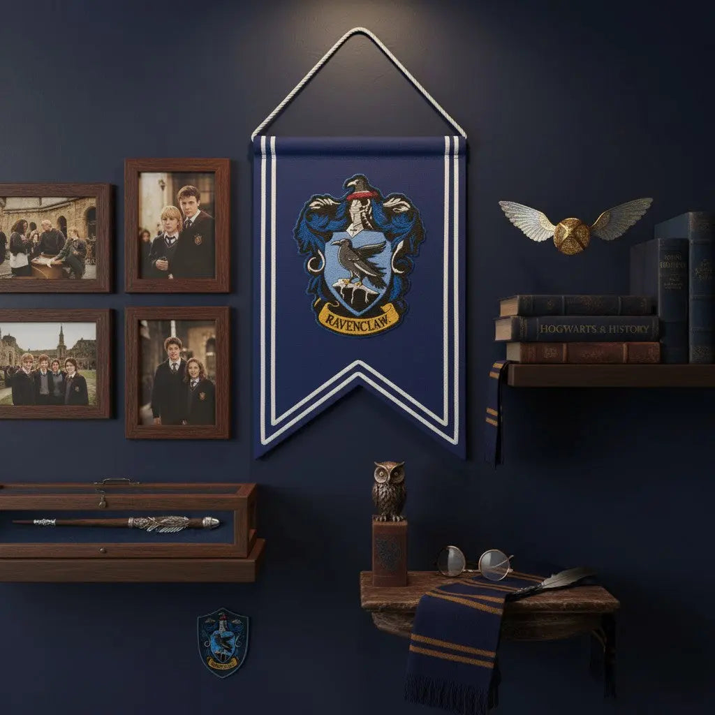La boutique Aux 2 Balais Bannière Serdaigle Harry Potter bleue et argent, logo brodé 30x44 cm en polyester.