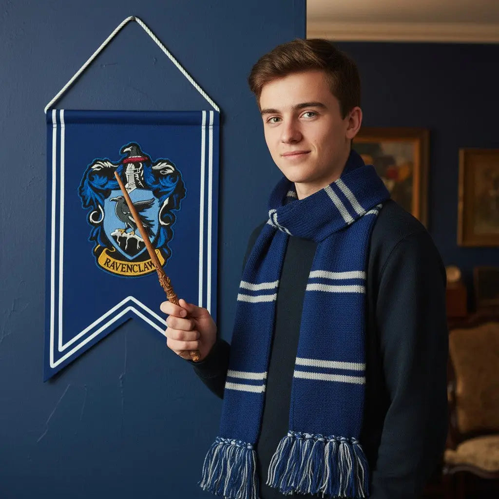 La boutique Aux 2 Balais Bannière Serdaigle Harry Potter bleue et argent, logo brodé 30x44cm, 100% polyester.