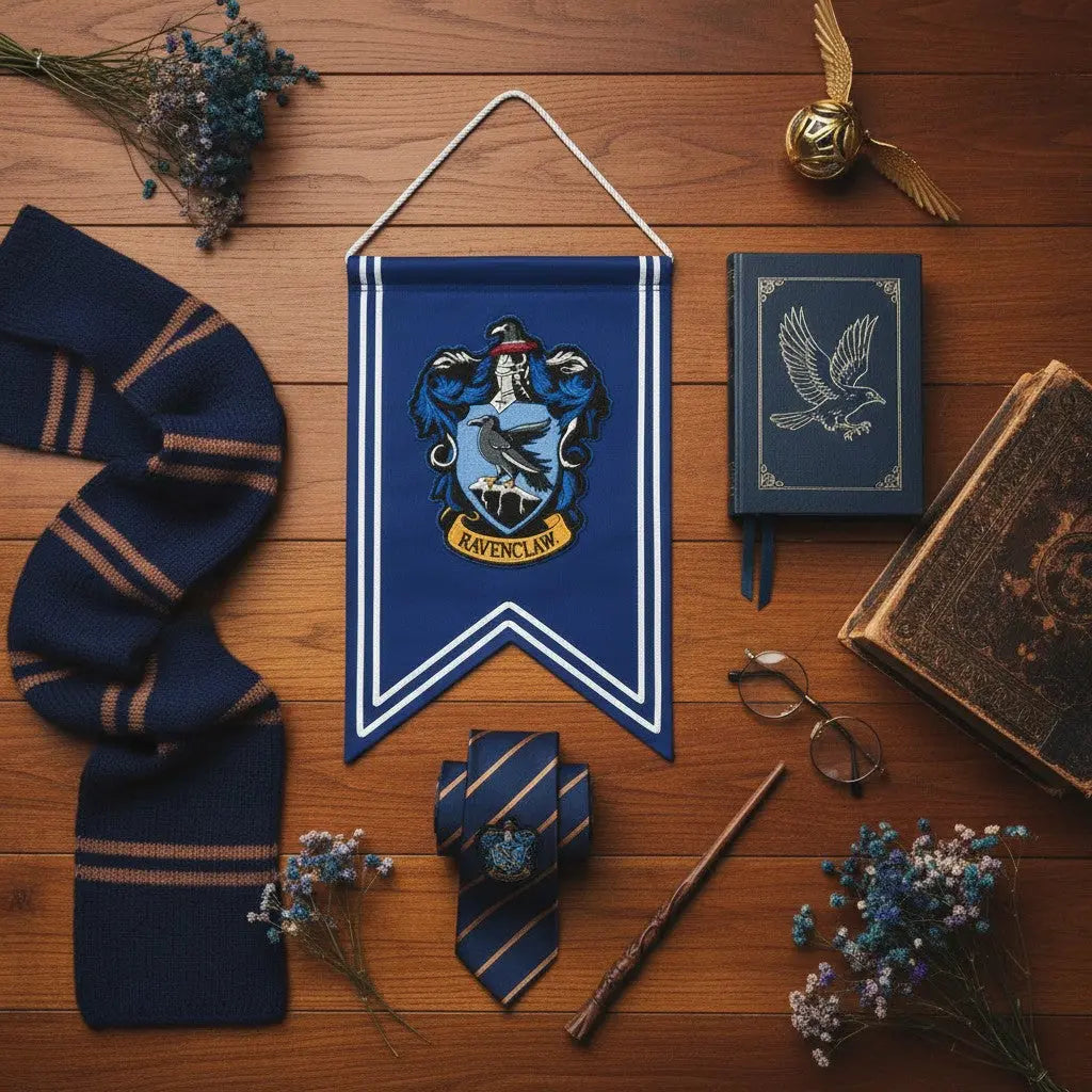 La boutique Aux 2 Balais Bannière Serdaigle Harry Potter bleue et argent, logo brodé 30x44cm, 100% polyester, décoration murale.