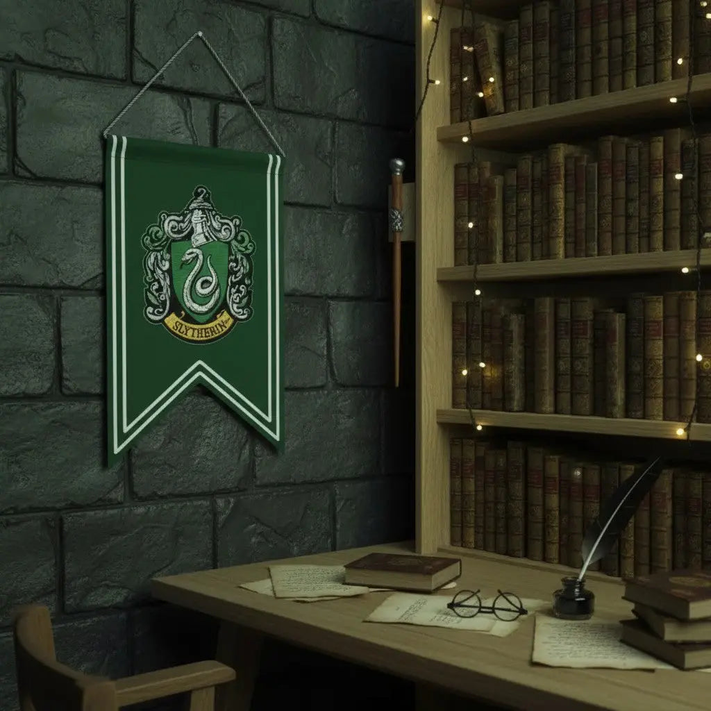 La boutique Aux 2 Balais Bannière Serpentard Harry Potter verte 30x44cm avec logo brodé, 100% polyester.