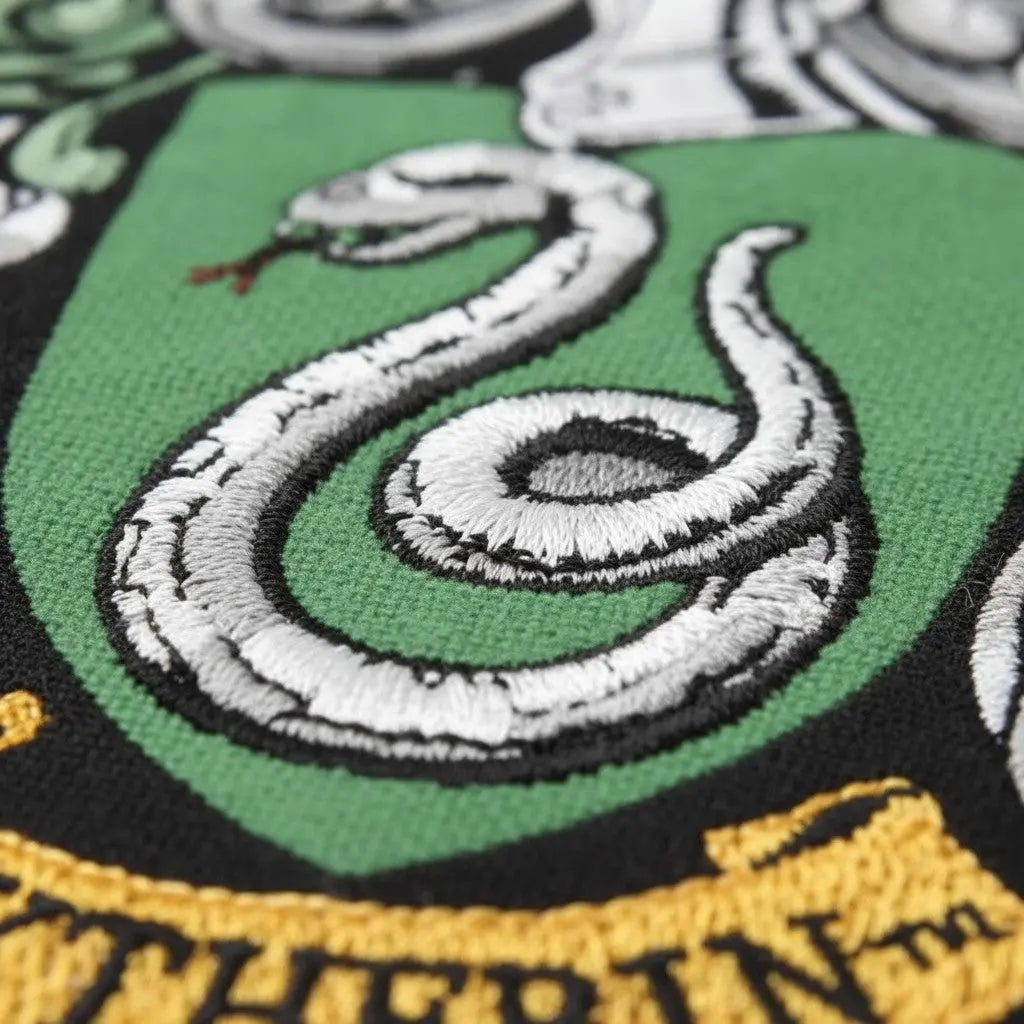 La boutique Aux 2 Balais Bannière Serpentard Harry Potter verte 30x44cm avec blason brodé et cordon de suspension.