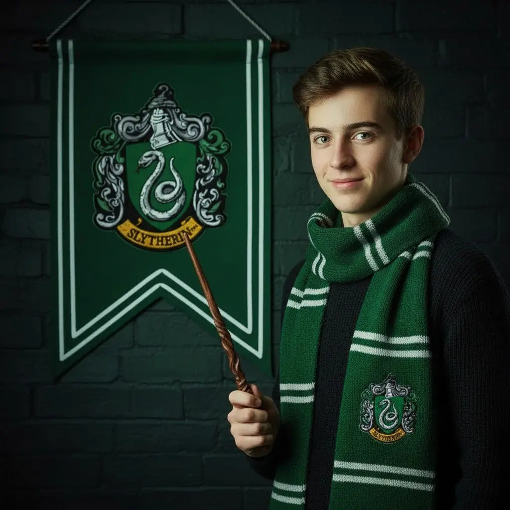 La boutique Aux 2 Balais Bannière Serpentard Harry Potter verte 30x44cm avec logo brodé, 100% polyester.