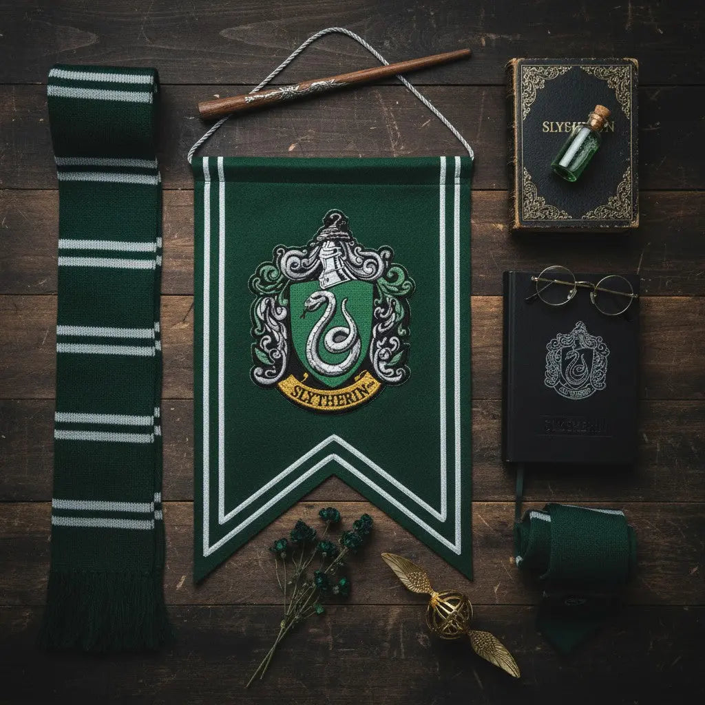 La boutique Aux 2 Balais Bannière Serpentard Harry Potter verte en polyester avec logo brodé 30x44cm