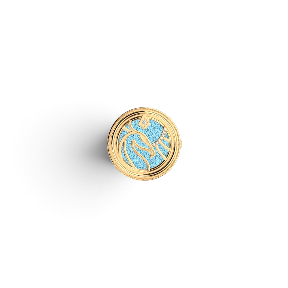 Broche La boutique Aux 2 Balais Harry Potter Phoenix dorée avec insert en cuir bleu réversible et oxydes brillants