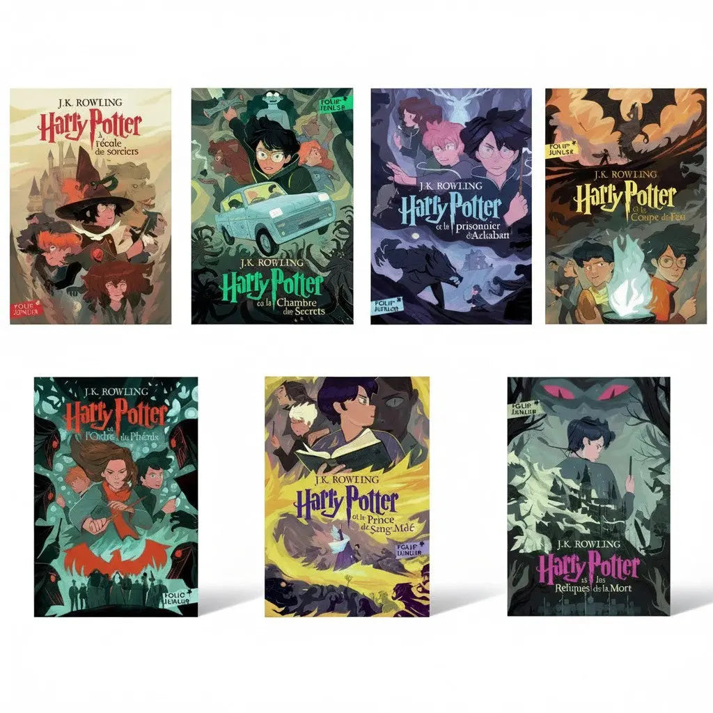 La boutique Aux 2 Balais Coffret intégral 7 tomes Harry Potter Folio Junior, édition Gallimard Jeunesse par Stéphane Fert.