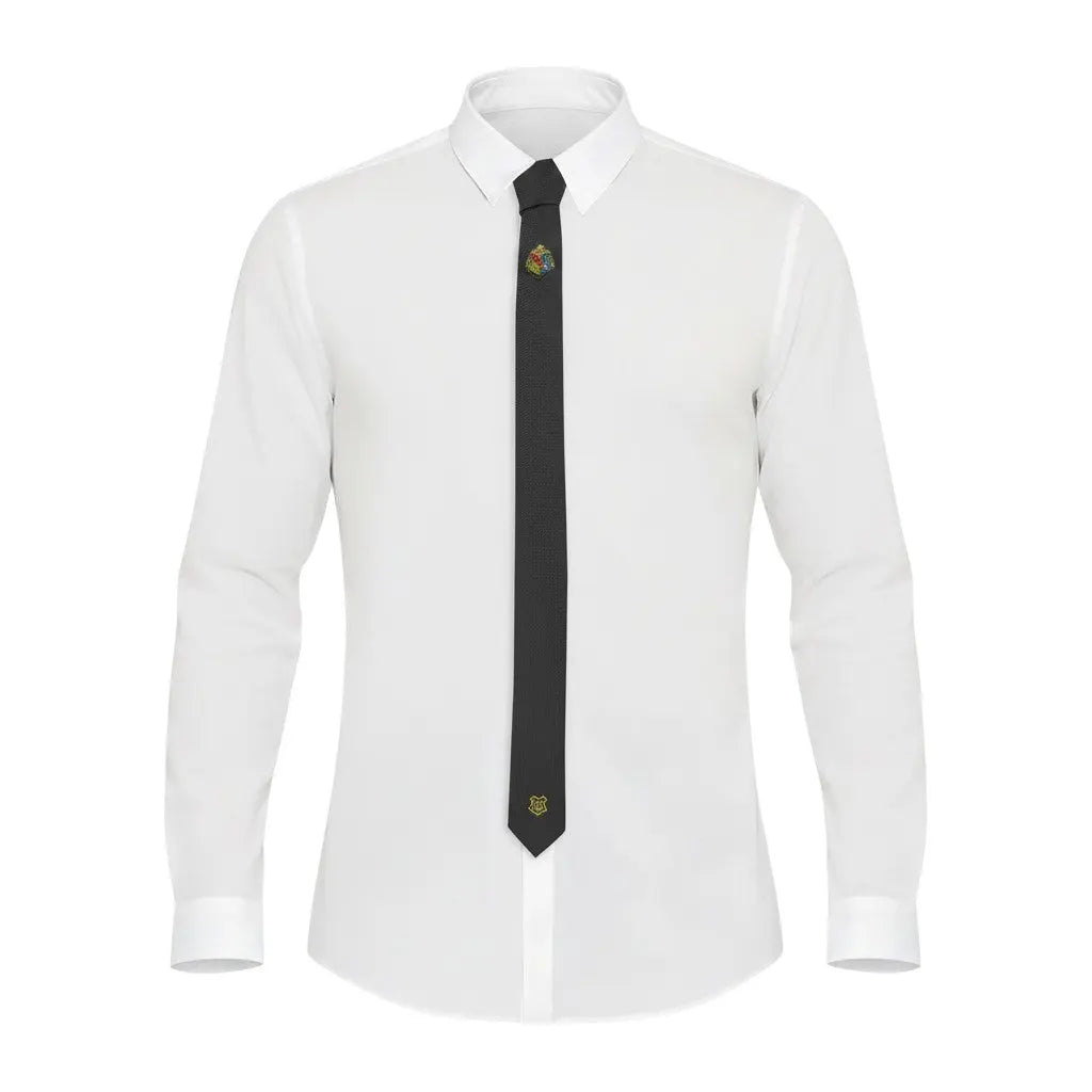 Cravate noire fine La boutique Aux 2 Balais avec broderie Poudlard et pin's officiel Harry Potter sur chemise blanche