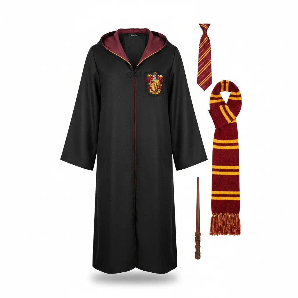 La boutique Aux 2 Balais Déguisement Gryffondor adulte robe de sorcier noire avec doublure bordeaux, cravate et baguette.