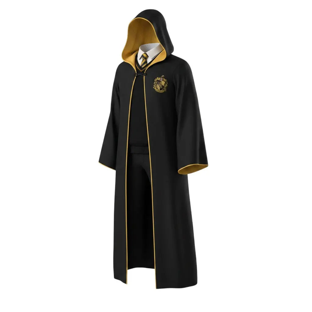 La boutique Aux 2 Balais Robe de sorcier Poufsouffle adulte noire avec doublure jaune et blason, taille unique.