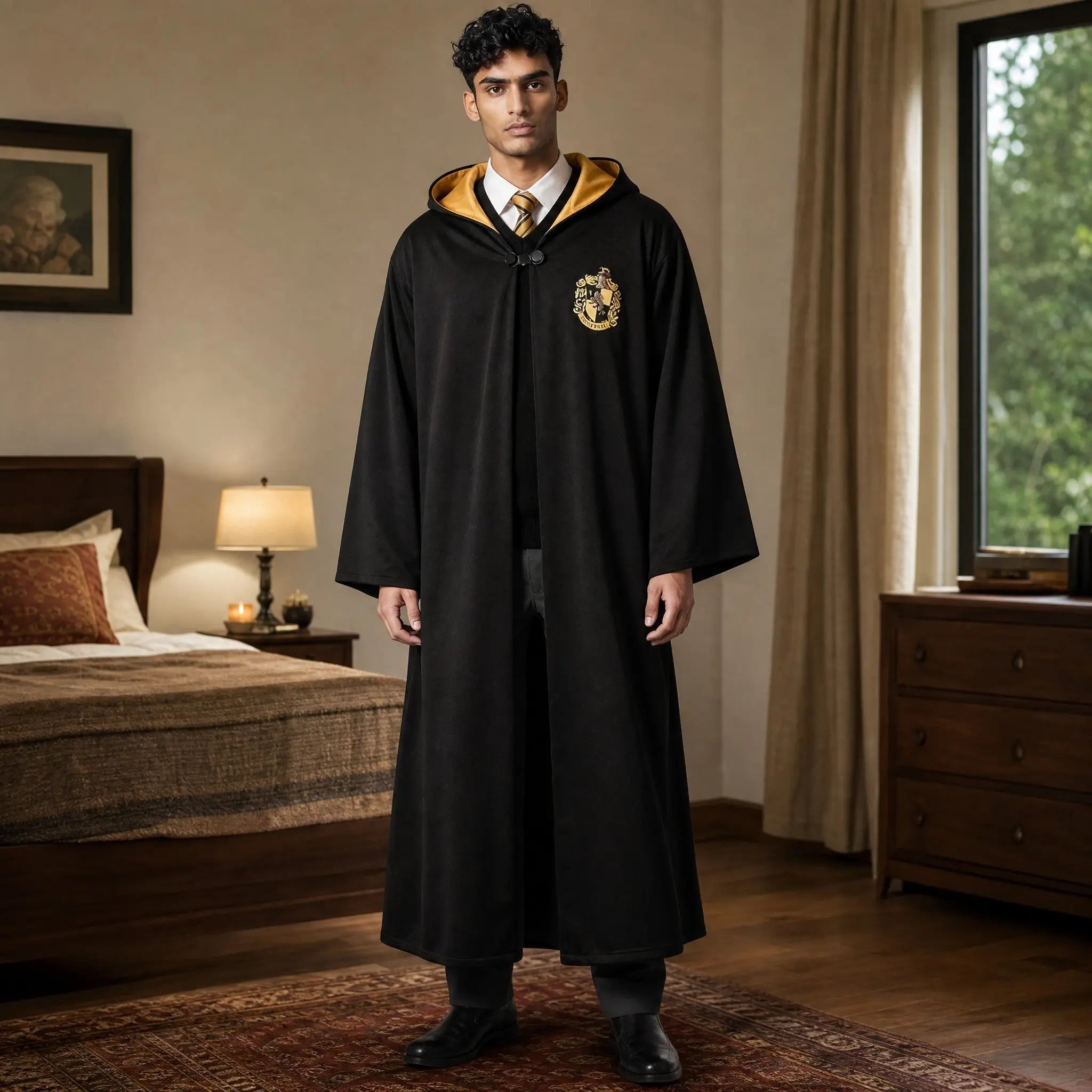La boutique Aux 2 Balais Robe de sorcier Poufsouffle adulte noire avec doublure jaune, blason sur la poitrine et fermoir. Taille unique.