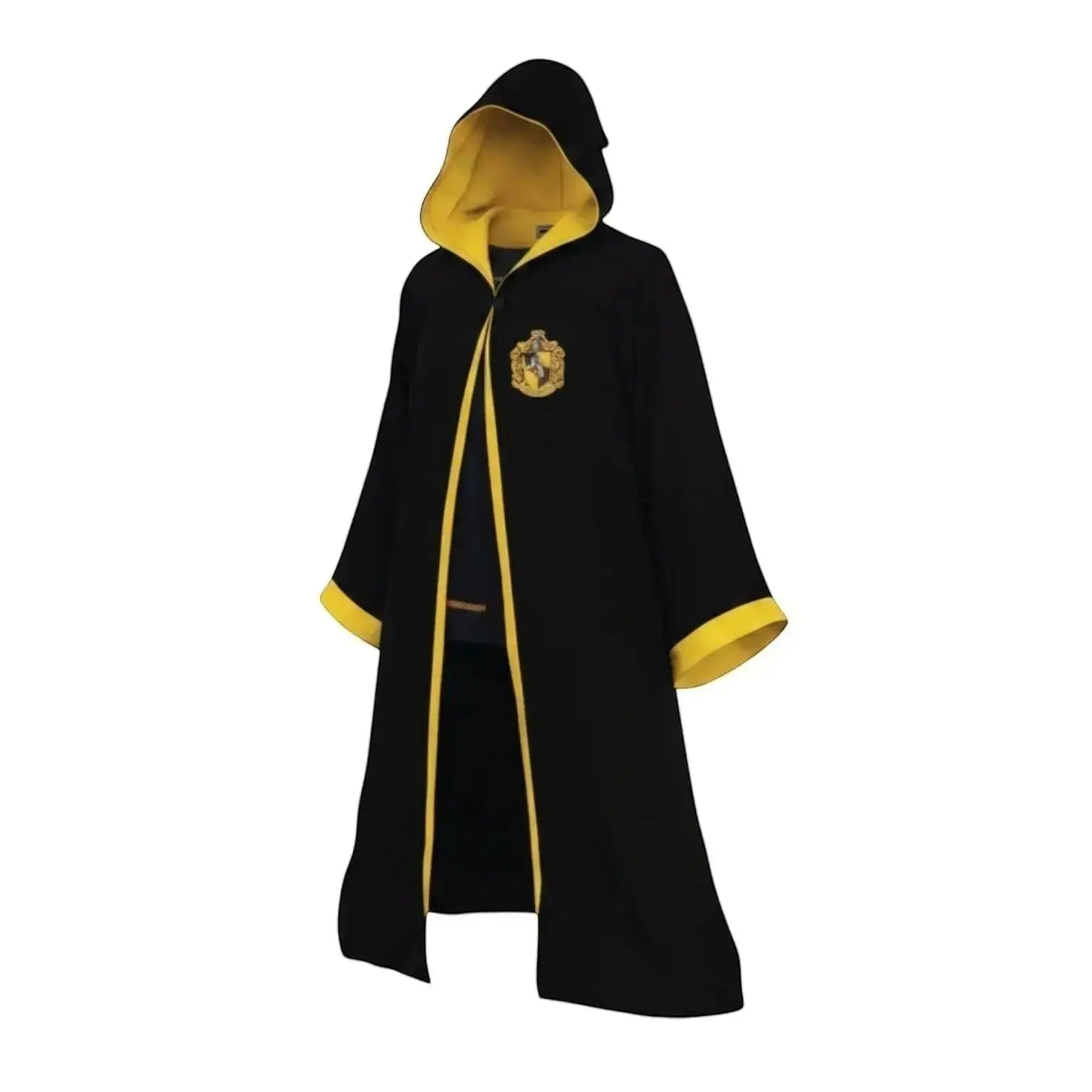 La boutique Aux 2 Balais Déguisement Poufsouffle enfant noir et jaune, robe de sorcier avec capuche et blason floqué, taille 7-10 ans.