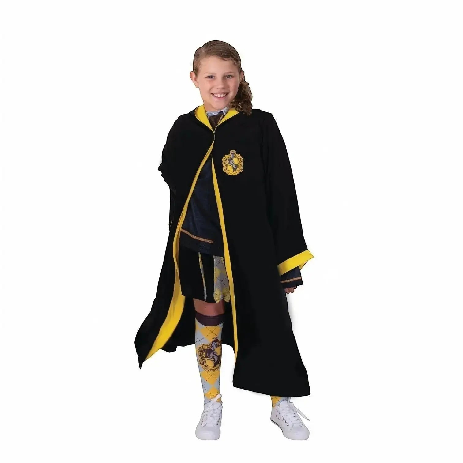 La boutique Aux 2 Balais - Robe de sorcier noire et jaune Poufsouffle enfant avec blason floqué, taille 7-10 ans.