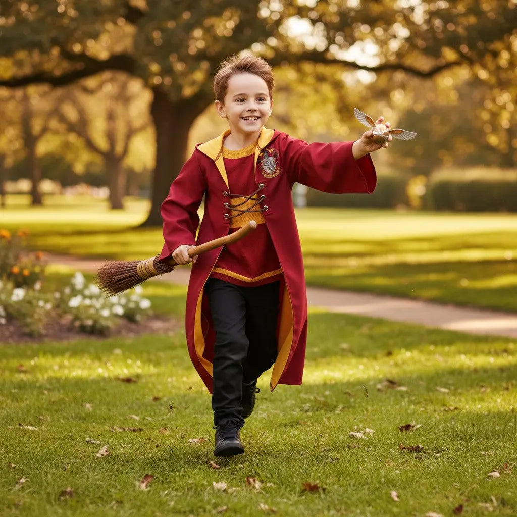 La boutique Aux 2 Balais Déguisement Quidditch Gryffondor enfant rouge et or avec blason, cape à capuche et laçets