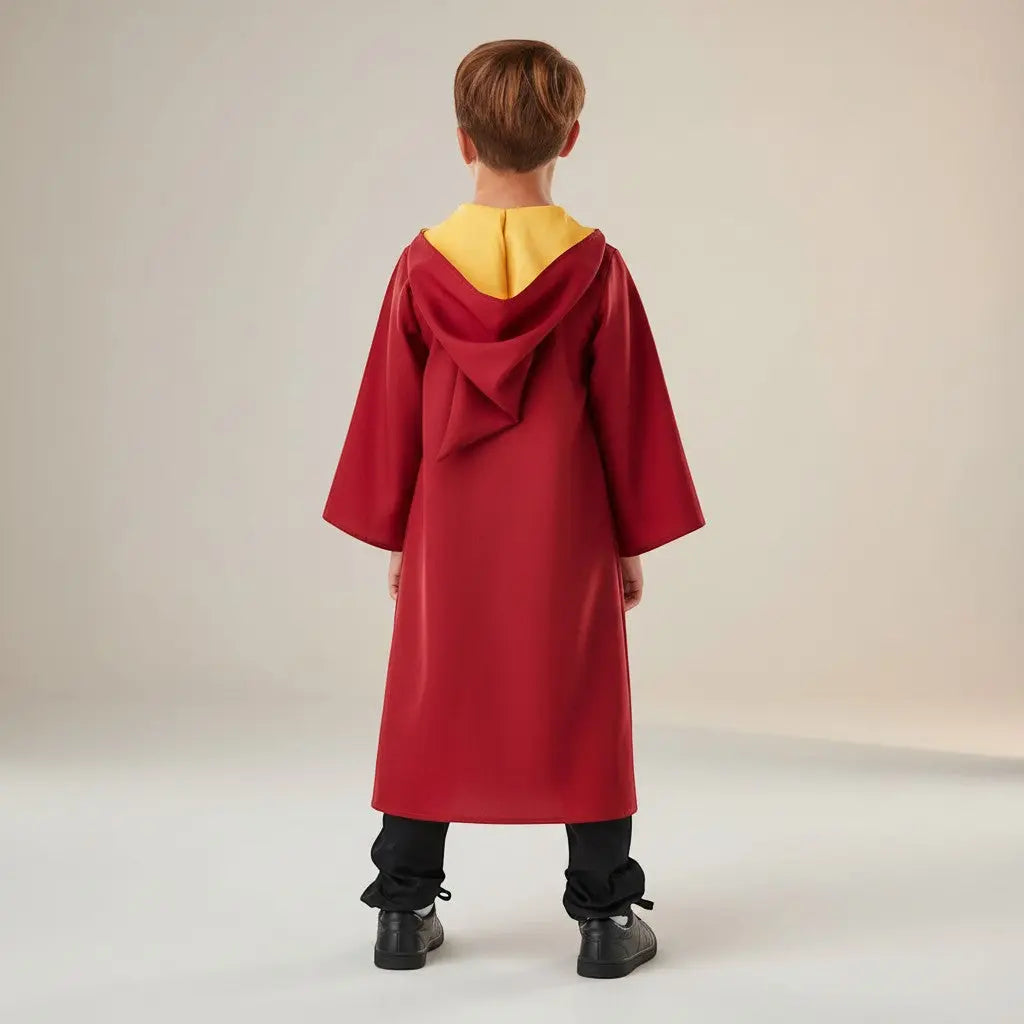 La boutique Aux 2 Balais Cape Quidditch Gryffondor enfant rouge et or avec capuche intégrée, blason imprimé. Costume de sorcier.
