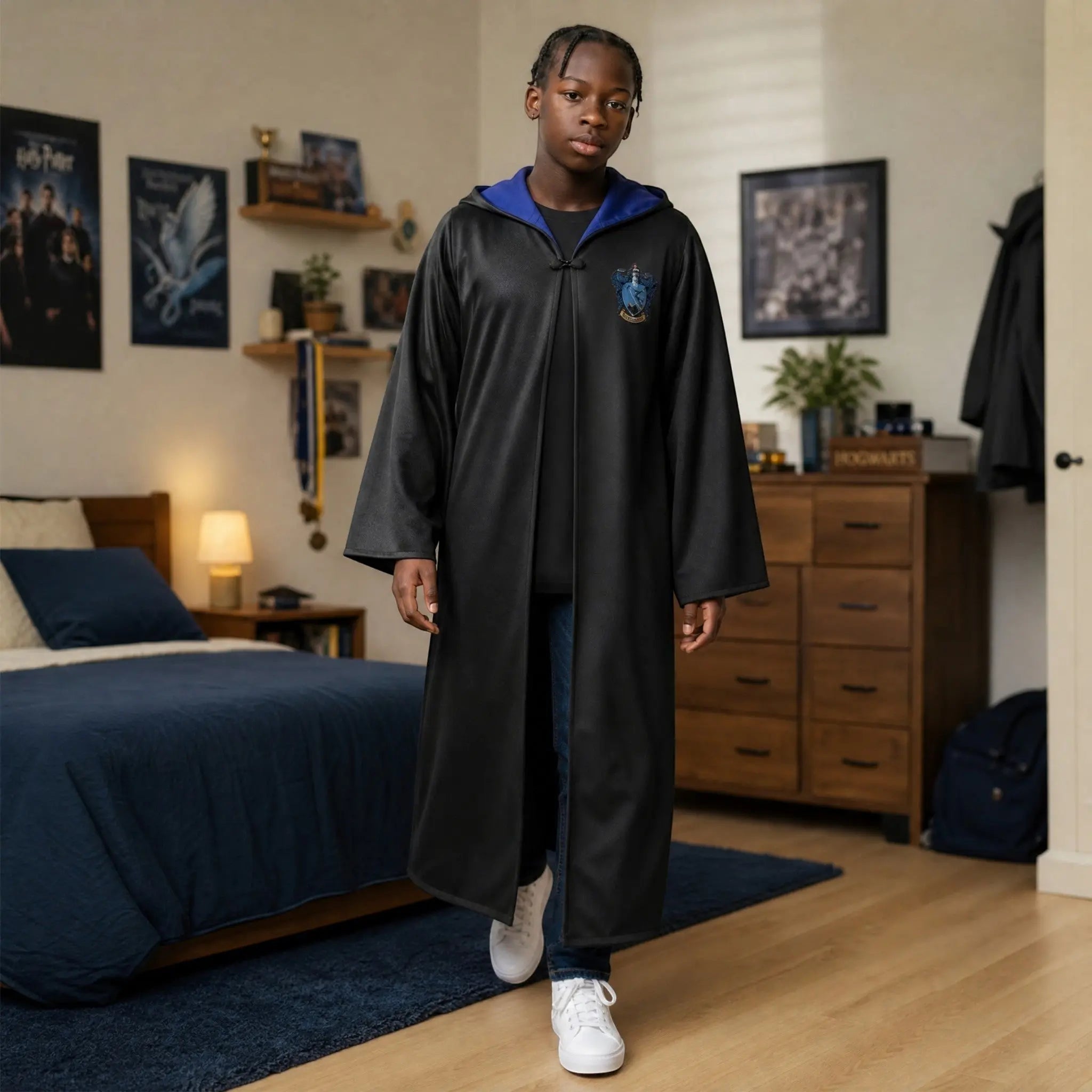 La boutique Aux 2 Balais Déguisement Serdaigle adulte, robe de sorcier noire avec doublure bleue et blason, taille unique.