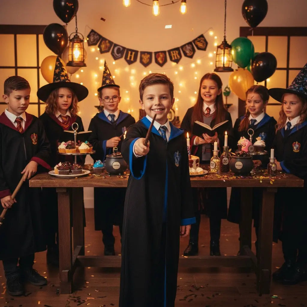 La boutique Aux 2 Balais Robe de sorcier Serdaigle enfant noire avec capuche et blason floqué, revers bleus. Taille 11-14 ans.
