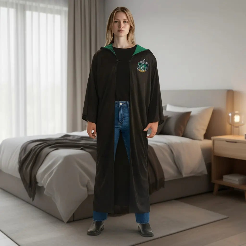 La boutique Aux 2 Balais : Robe de sorcier Serpentard adulte noire avec capuche verte et blason imprimé, taille unique.