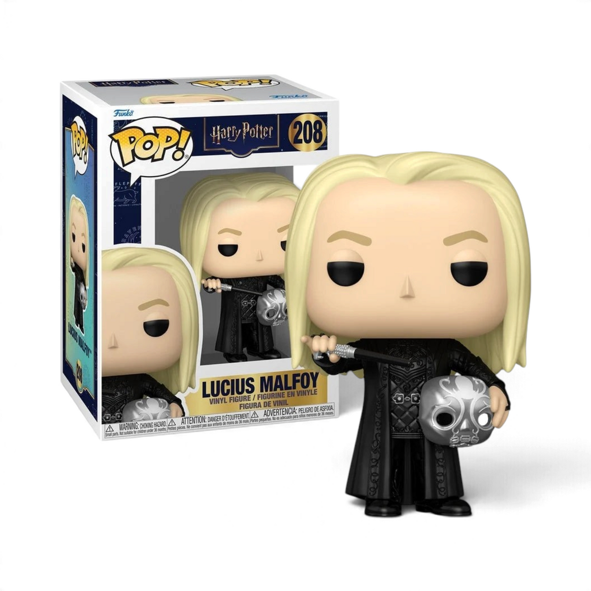 Figurine Funko POP La boutique Aux 2 Balais de Lucius Malfoy en robe noire tenant son masque de Mangemort en PVC