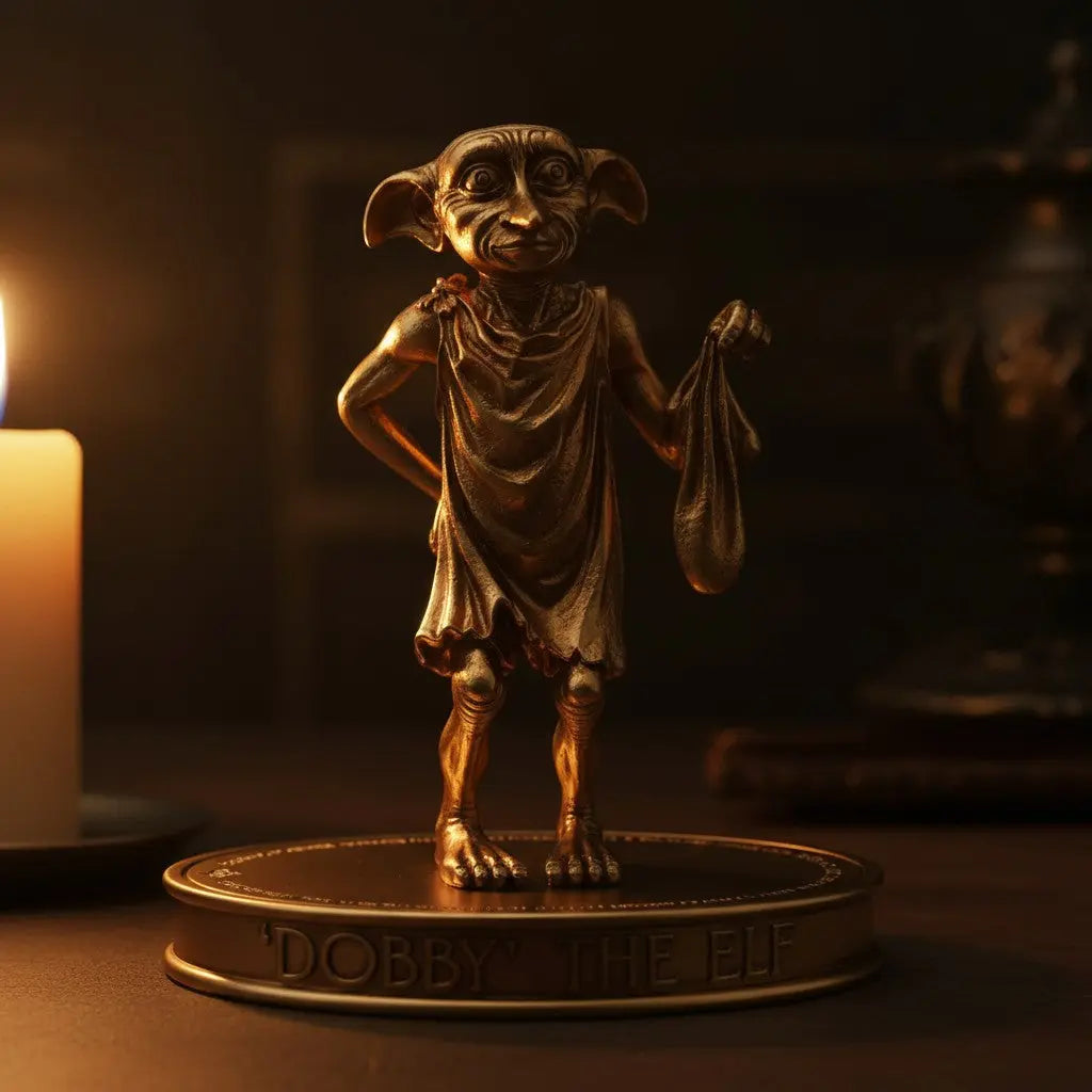 Figurine dorée Dobby de La boutique Aux 2 Balais, elfe de maison sur socle gravé avec finition métallique luxueuse.