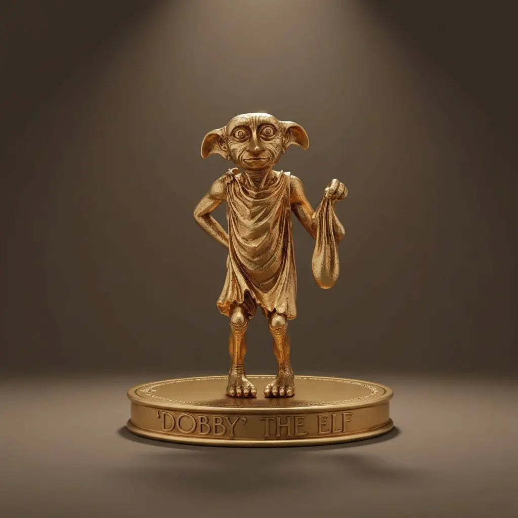 Figurine dorée Dobby de La boutique Aux 2 Balais, elfe de maison Harry Potter sur socle gravé, finition métallique