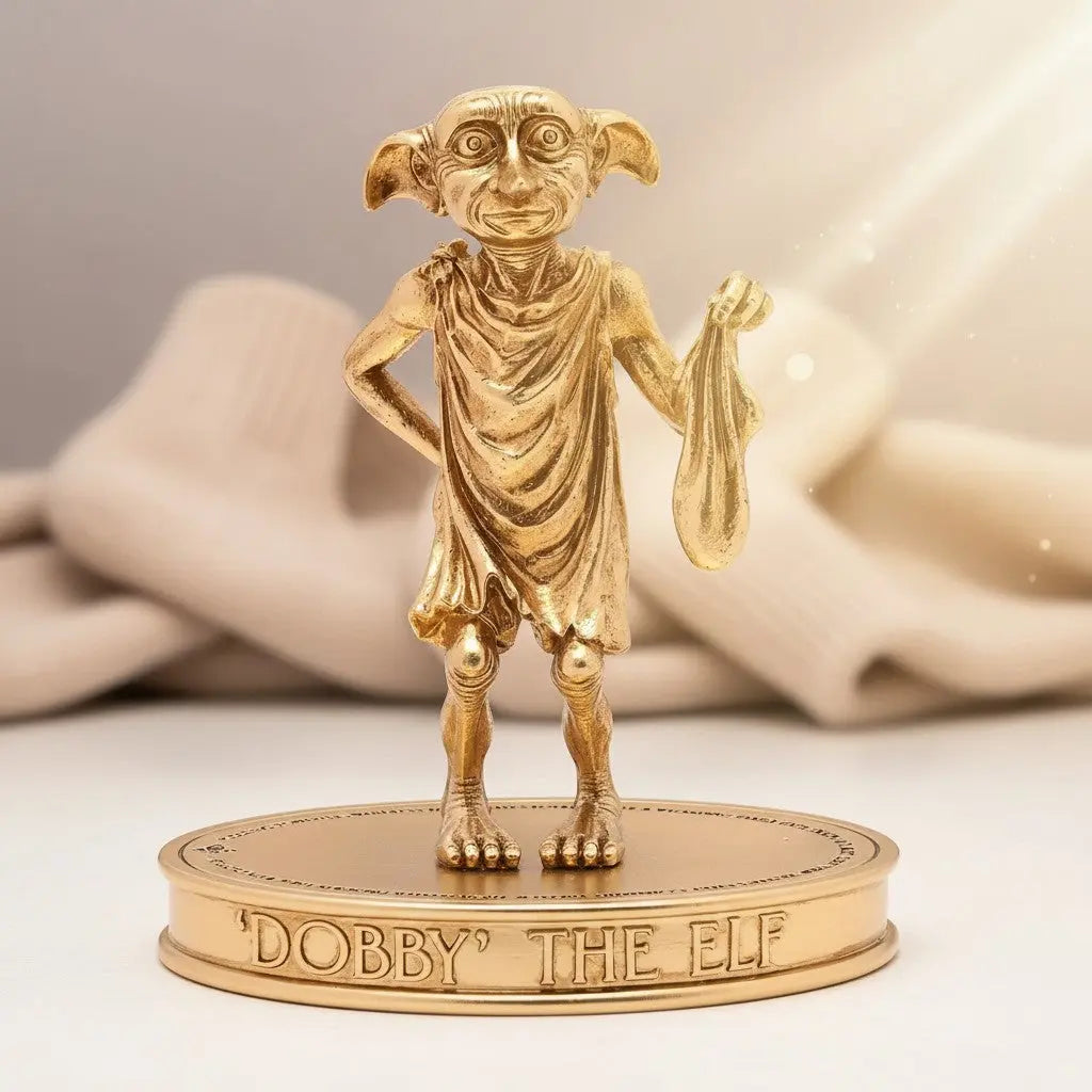 Figurine dorée Dobby de La boutique Aux 2 Balais sur socle gravé, finition métallique élégante pour collection Harry Potter