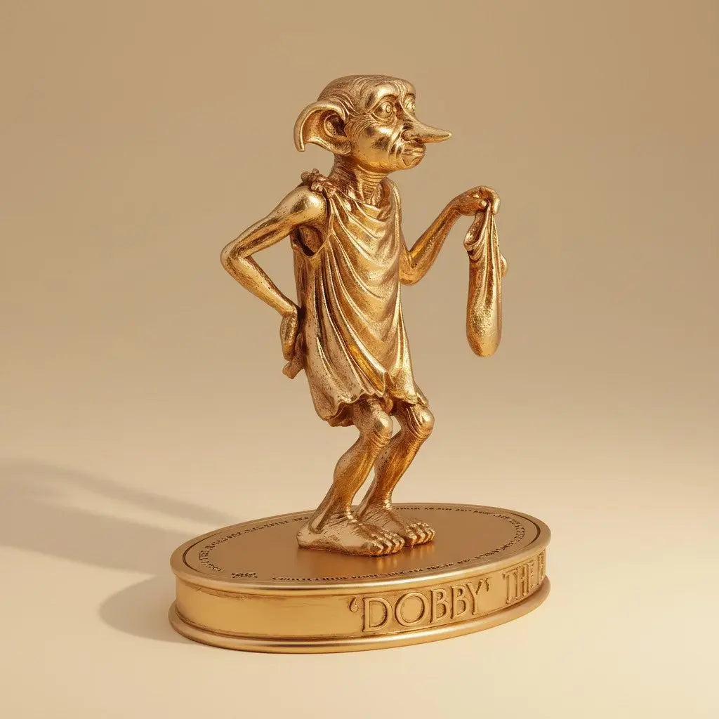 Figurine dorée Dobby La boutique Aux 2 Balais tenant une chaussette sur un socle gravé, style métallique élégant.