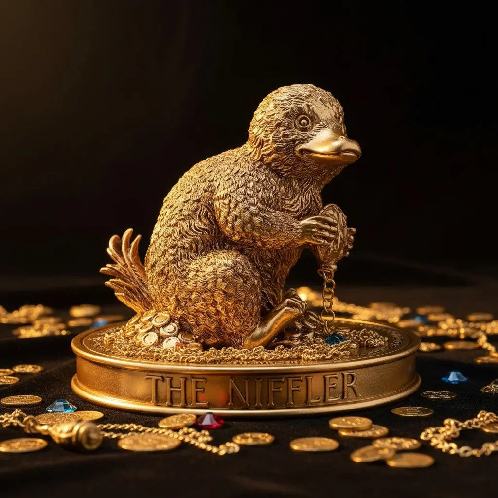 Figurine dorée Niffleur de La boutique Aux 2 Balais, créature magique Harry Potter sur socle avec pièces de monnaie