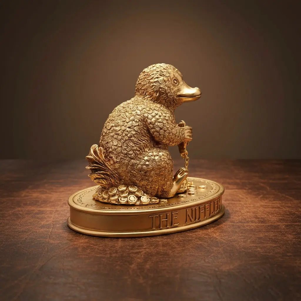 Figurine dorée Niffleur La boutique Aux 2 Balais, créature magique Harry Potter sur socle avec pièces de monnaie.