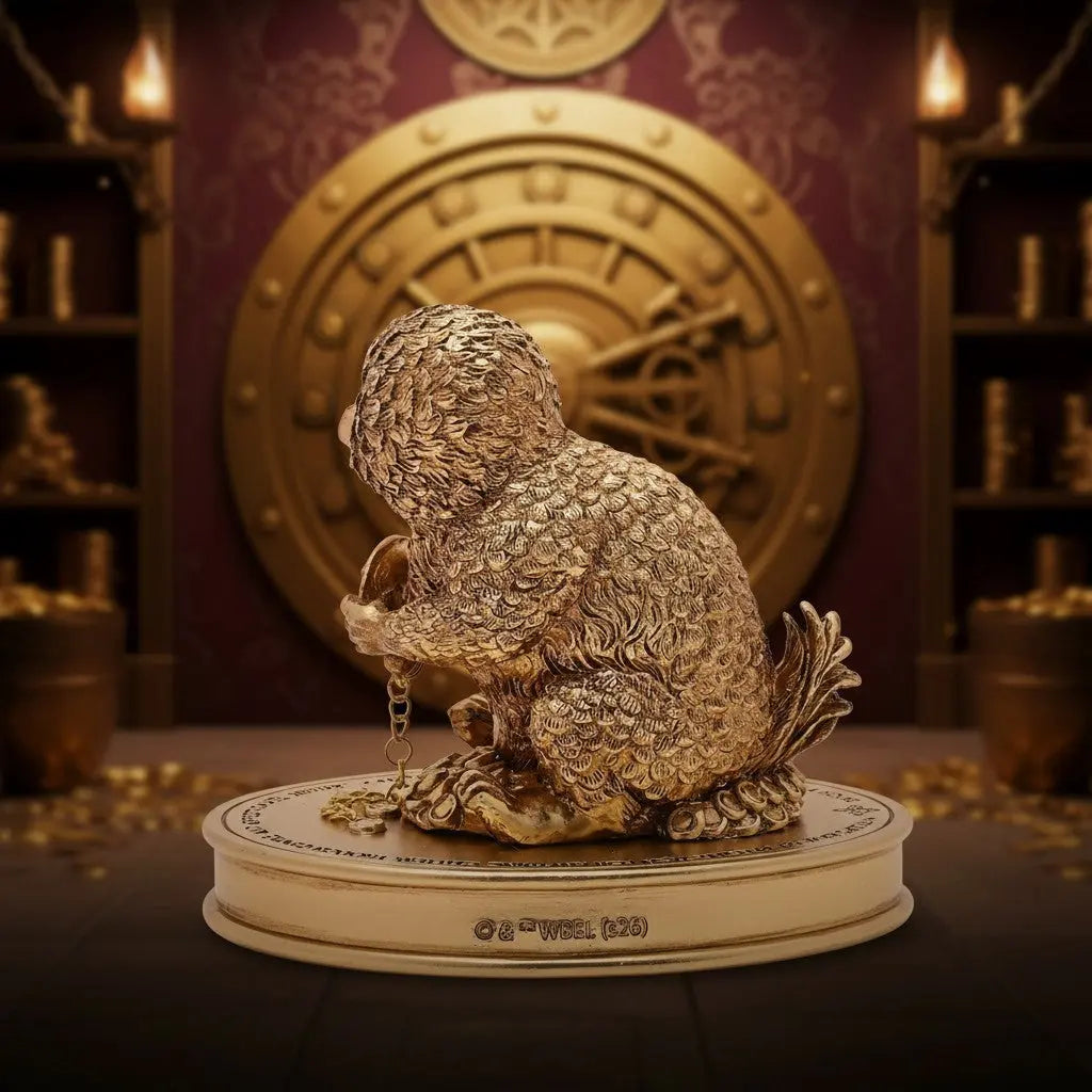 Figurine dorée Niffleur de La boutique Aux 2 Balais, créature magique Harry Potter sur socle, vue de profil.