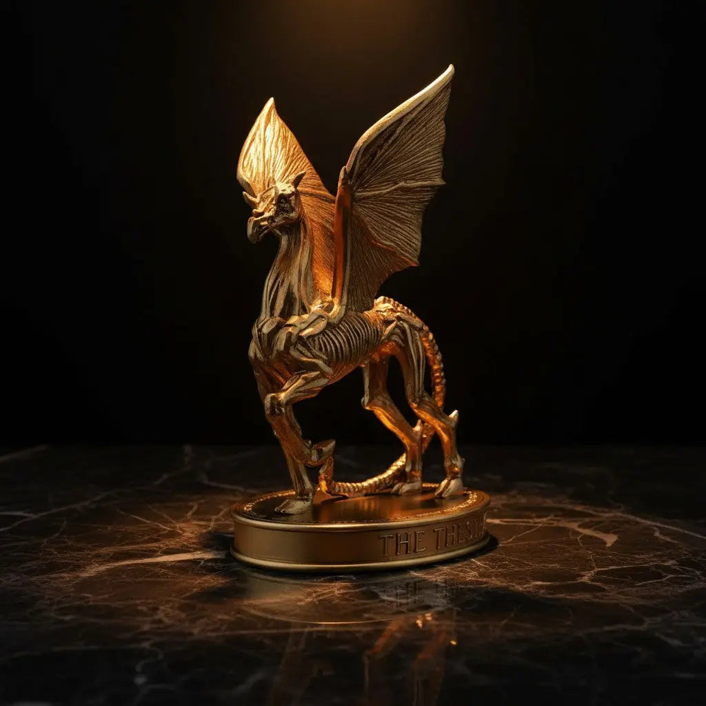 Figurine dorée Sombral La boutique Aux 2 Balais sur socle gravé, créature magique Harry Potter détaillée