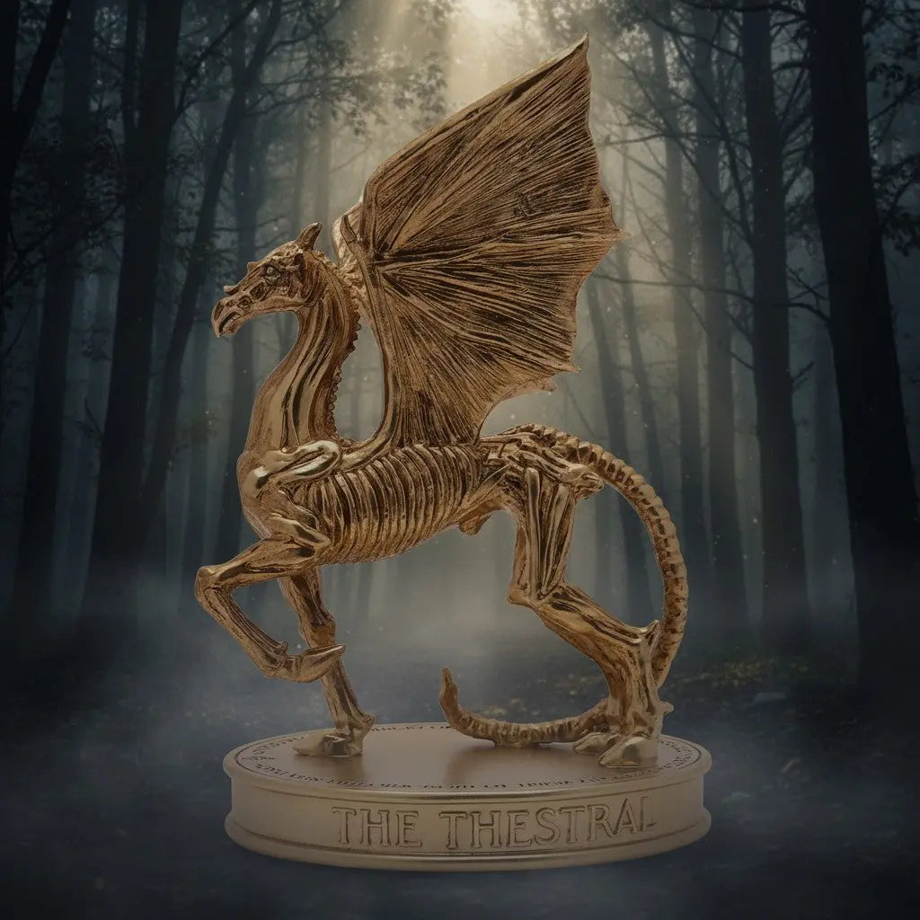 Figurine dorée Sombral La boutique Aux 2 Balais sur socle gravé dans une forêt mystérieuse