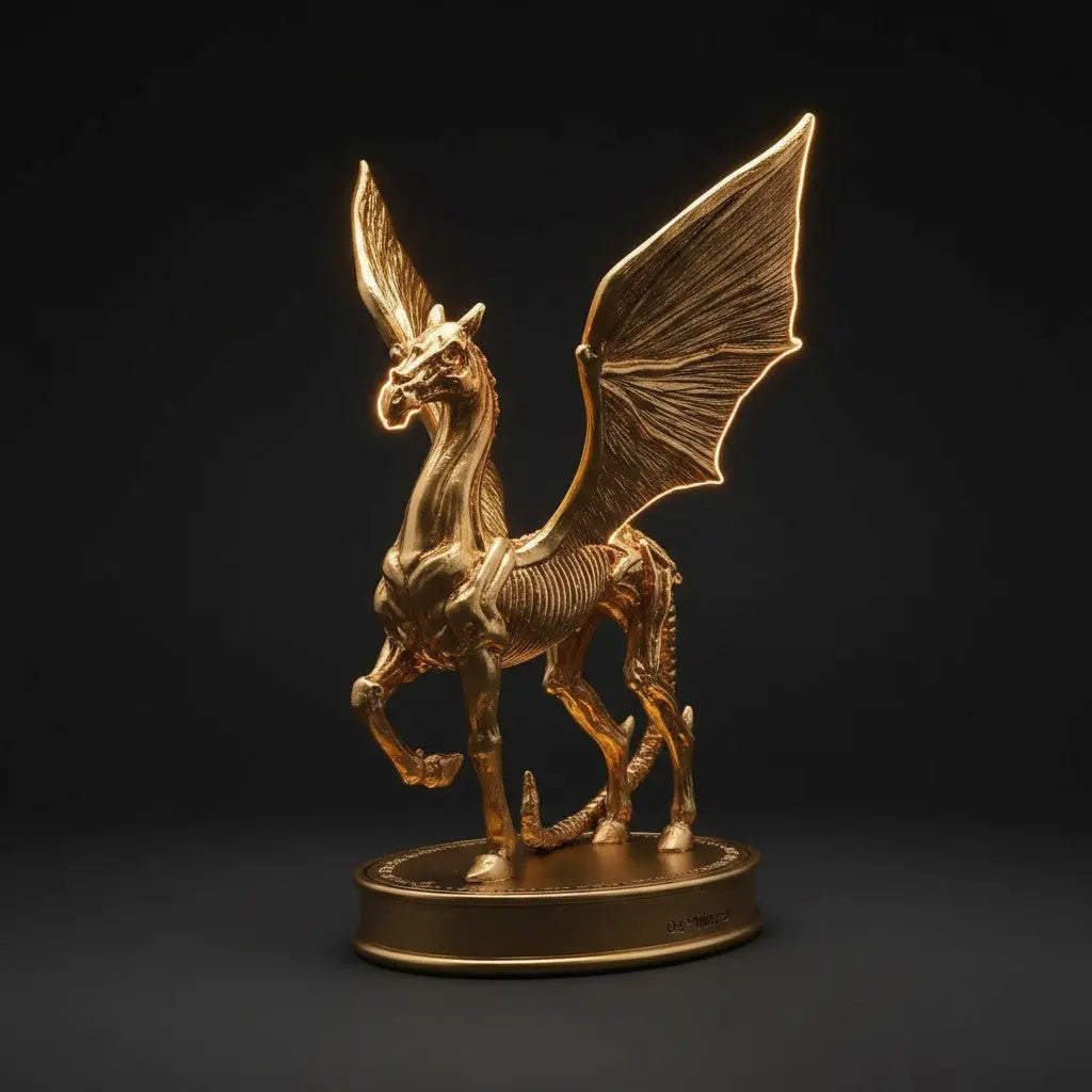 Figurine dorée Sombral de La boutique Aux 2 Balais, créature ailée détaillée sur socle gravé, style Harry Potter.