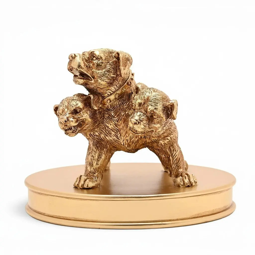 Figurine dorée Touffu La boutique Aux 2 Balais représentant le chien à trois têtes d'Harry Potter sur socle rond