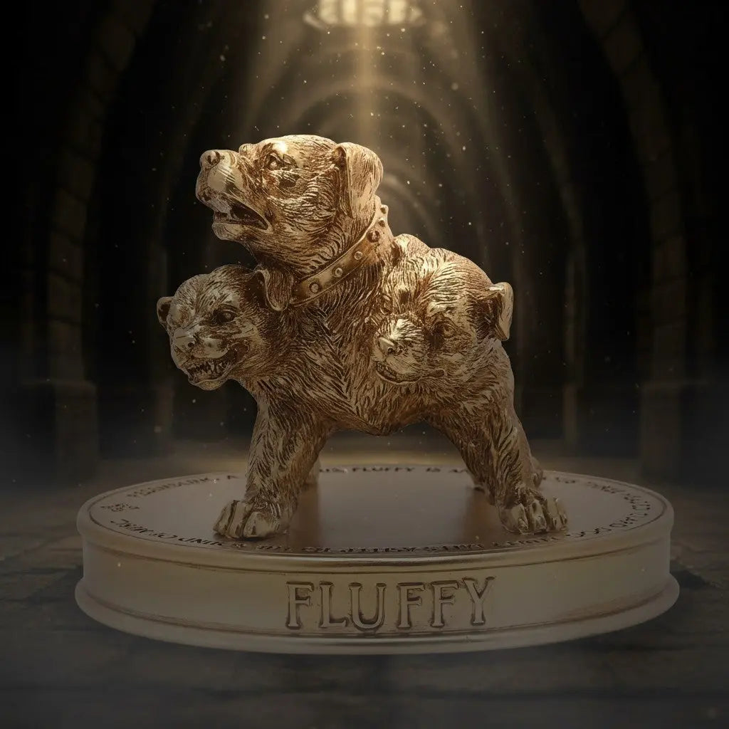 Figurine dorée Touffu de La boutique Aux 2 Balais, chien à trois têtes Harry Potter sur socle gravé