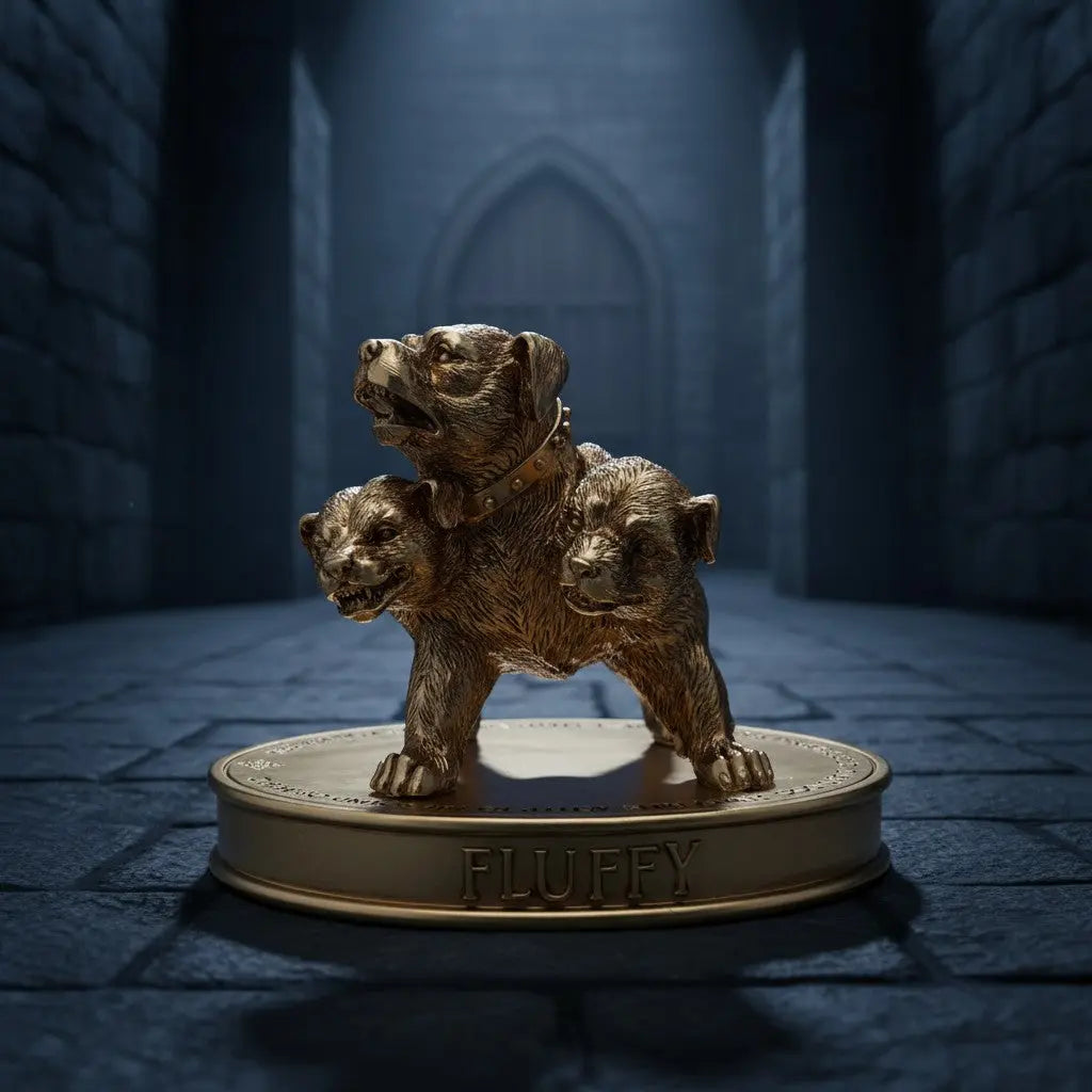 Figurine dorée Touffu de La boutique Aux 2 Balais représentant le chien à trois têtes sur un socle gravé.