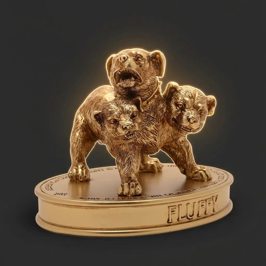 Figurine dorée Touffu de La boutique Aux 2 Balais, chien à trois têtes Harry Potter sur socle gravé