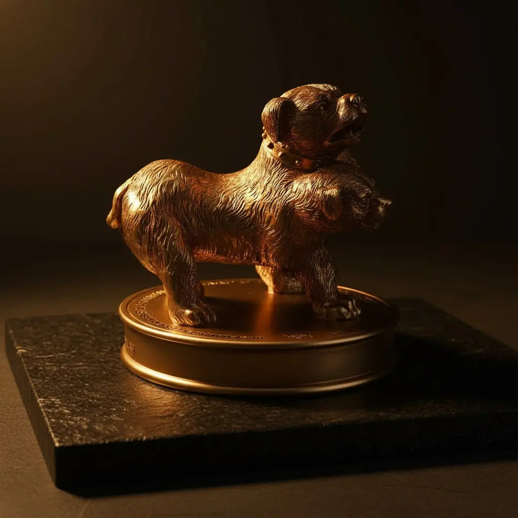 Figurine dorée Touffu de La boutique Aux 2 Balais, chien à trois têtes Harry Potter sur socle gravé, finition sculptée.