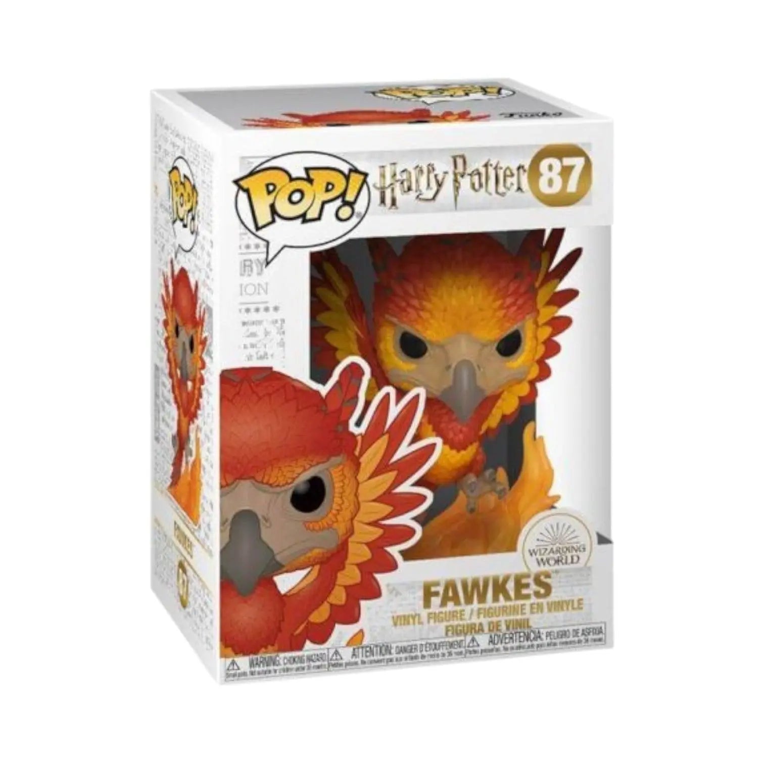Figurine Funko POP Fumseck 87 de La boutique Aux 2 Balais, phénix en PVC aux plumes orange et rouges dans sa boîte