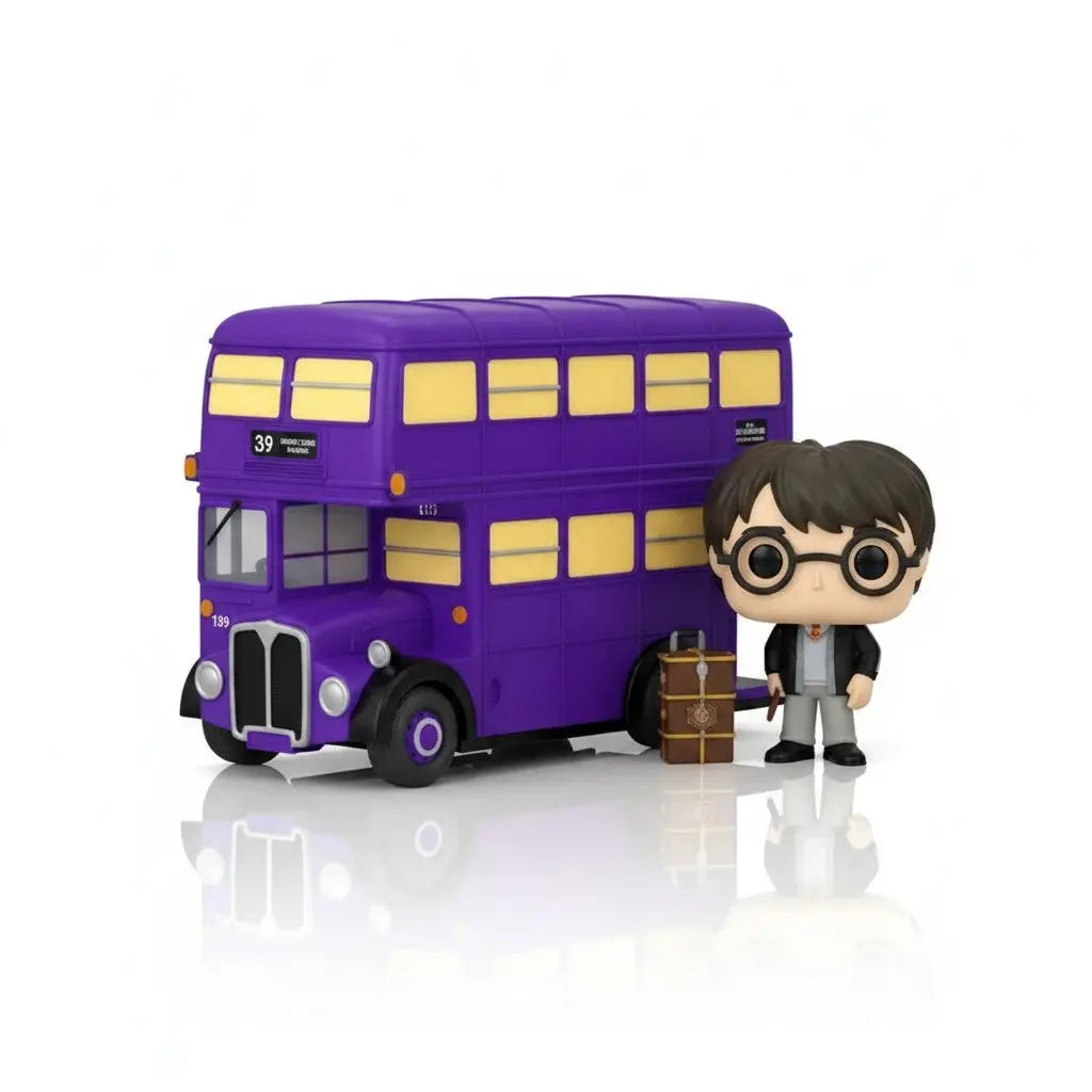 Figurine Funko POP La boutique Aux 2 Balais Magicobus violet avec Harry Potter et sa malle, collection Harry Potter