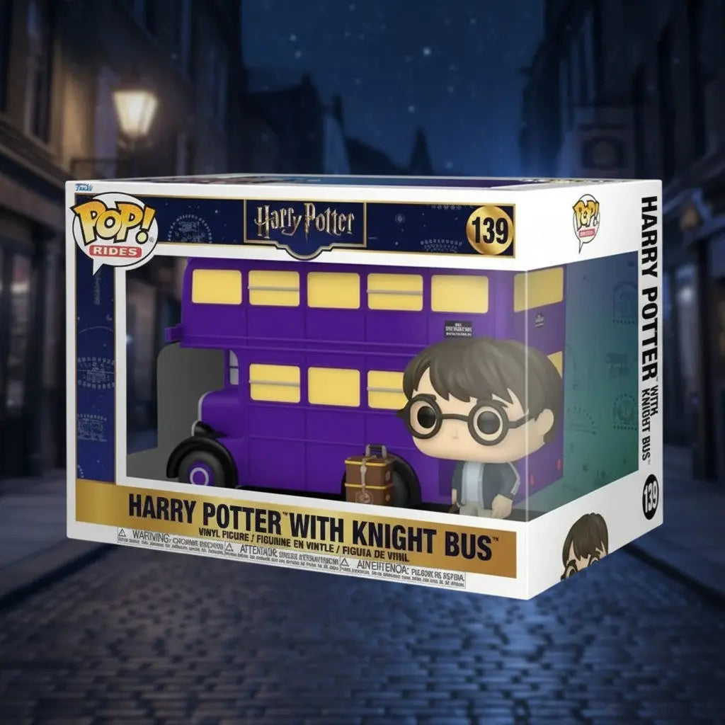 Figurine Funko POP Rides La boutique Aux 2 Balais Magicobus violet avec Harry Potter et sa malle en vinyle