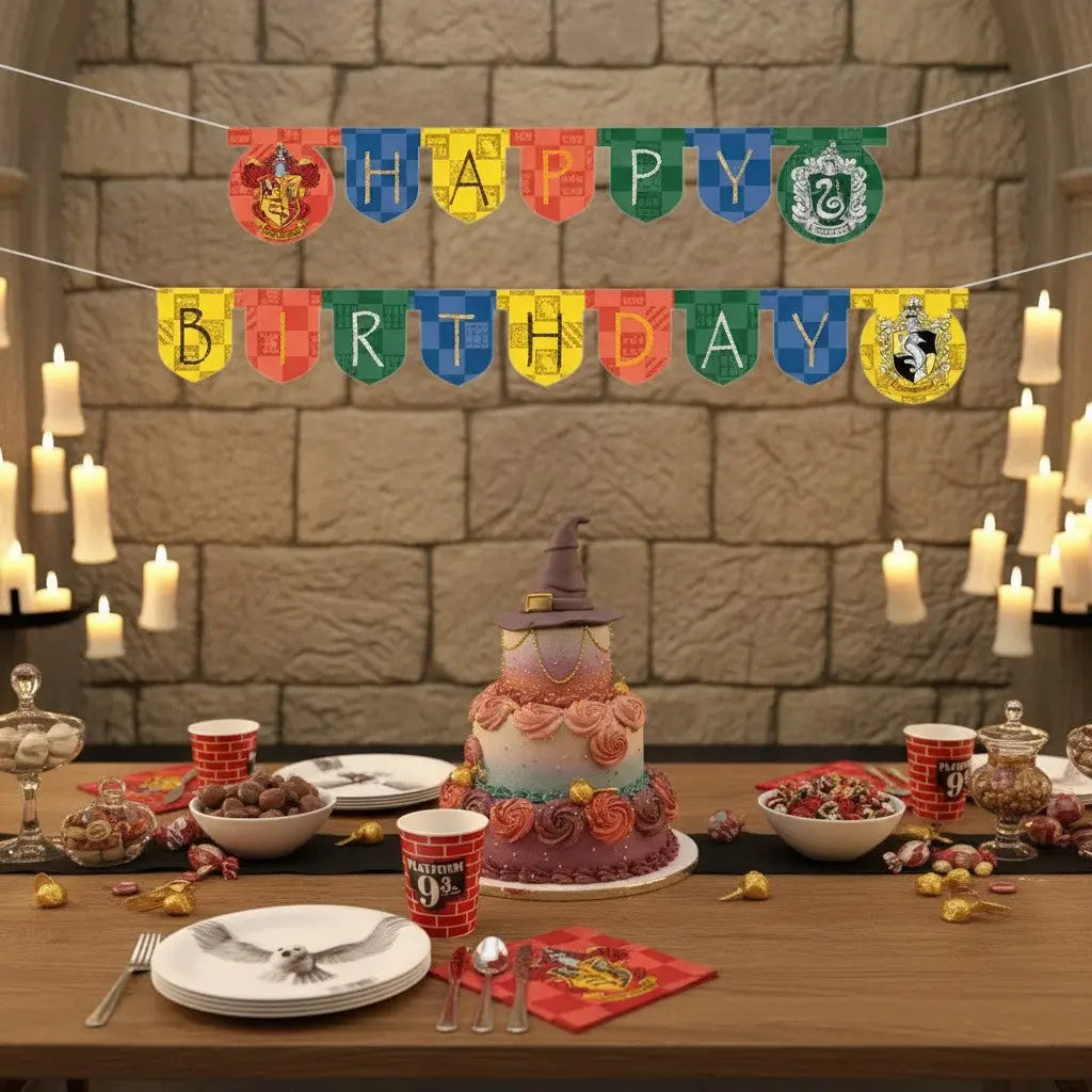 Guirlande fanions Happy Birthday Harry Potter en carton, 2m, couleurs des 4 maisons et blasons Poudlard.
