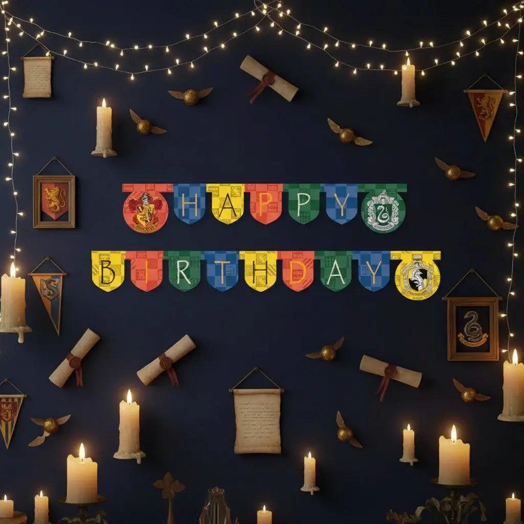 Guirlande Happy Birthday Harry Potter en carton, 2m, fanions aux couleurs des 4 maisons et blasons Poudlard.